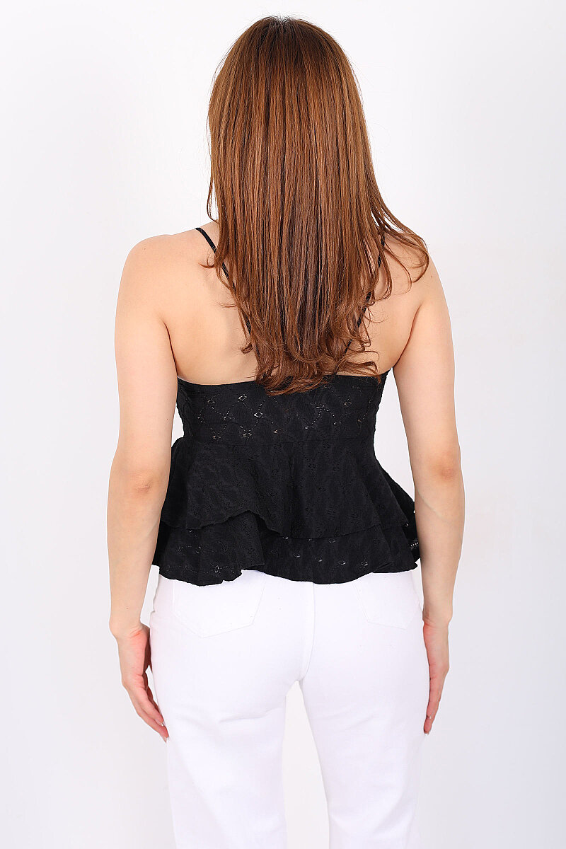 Eteği Fırfırlı Gloplu İşleme Detaylı Siyah Kadın Bluz - 5