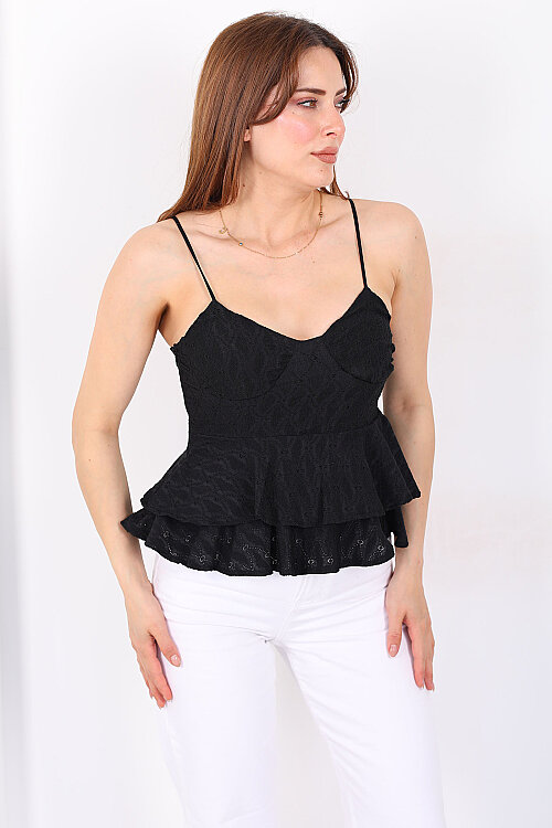 Eteği Fırfırlı Gloplu İşleme Detaylı Siyah Kadın Bluz 