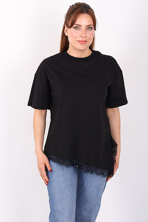 Eteği Güpür Detaylı Bisiklet Yaka Siyah Kadın Asimetrik T-Shirt - 5