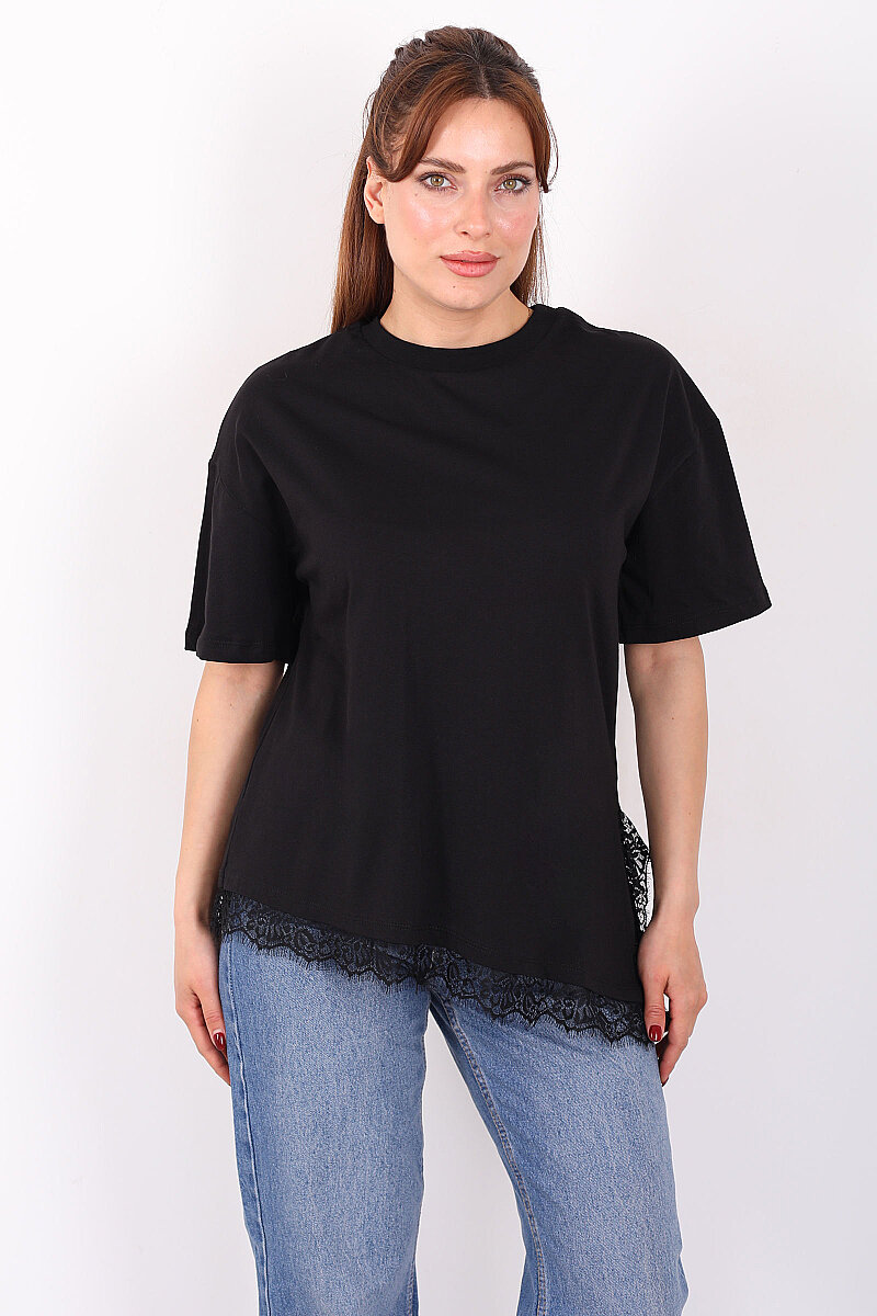 Eteği Güpür Detaylı Bisiklet Yaka Siyah Kadın Asimetrik T-Shirt - 1