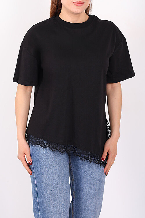 Eteği Güpür Detaylı Bisiklet Yaka Siyah Kadın Asimetrik T-Shirt - Berox (1)