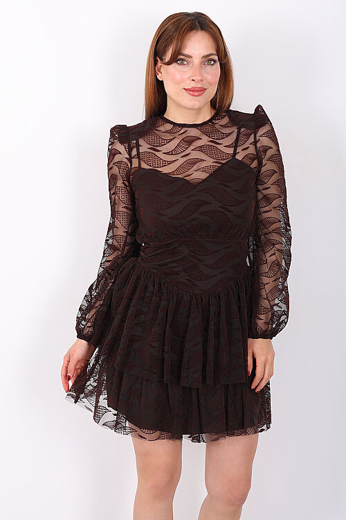 Eteği Kat Kat Floklu Kadın Acı Kahve Tül Mini Elbise - 7