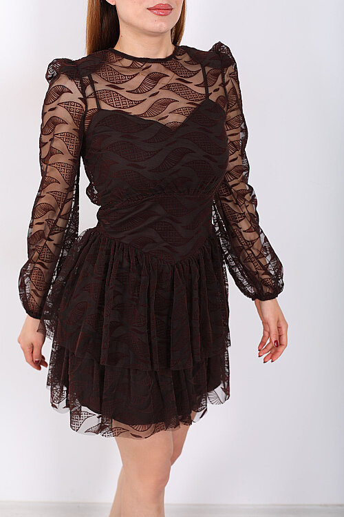 Eteği Kat Kat Floklu Kadın Acı Kahve Tül Mini Elbise - Berox (1)