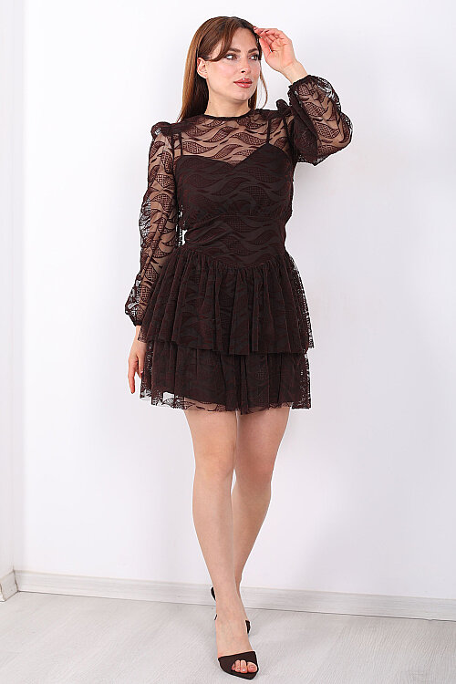 Eteği Kat Kat Floklu Kadın Acı Kahve Tül Mini Elbise - Berox