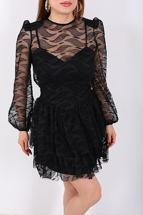 Eteği Kat Kat Floklu Kadın Siyah Tül Mini Elbise - Berox (1)