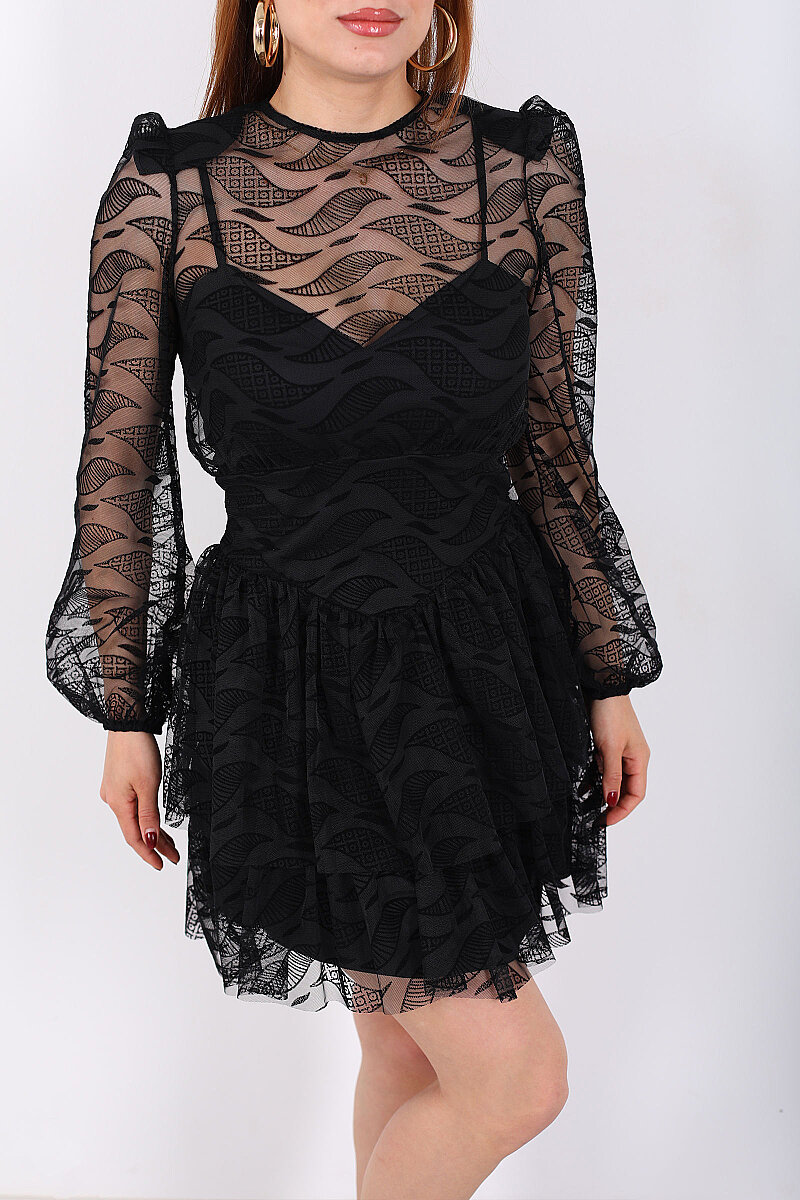Eteği Kat Kat Floklu Kadın Siyah Tül Mini Elbise - 2