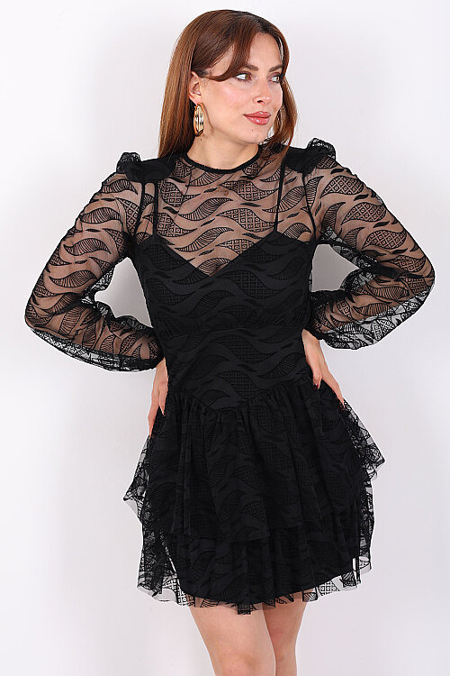 Eteği Kat Kat Floklu Kadın Siyah Tül Mini Elbise - 3