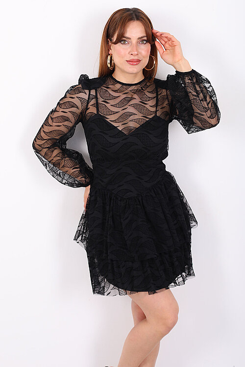 Eteği Kat Kat Floklu Kadın Siyah Tül Mini Elbise - Berox
