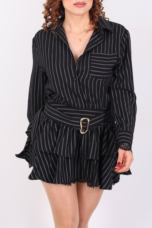 Eteği Katlı Dantel Detaylı Çizgili Siyah Kadın Mini Elbise - Berox (1)