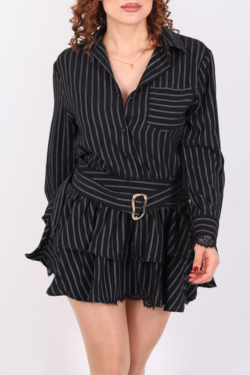 Eteği Katlı Dantel Detaylı Çizgili Siyah Kadın Mini Elbise - 2