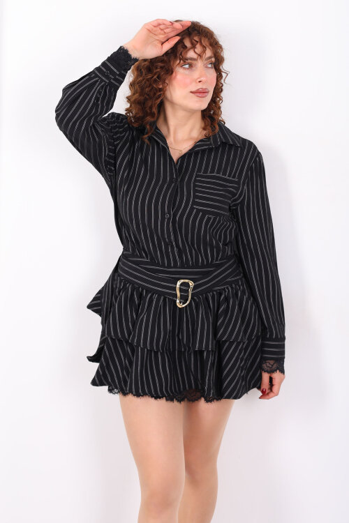 Eteği Katlı Dantel Detaylı Çizgili Siyah Kadın Mini Elbise - 6
