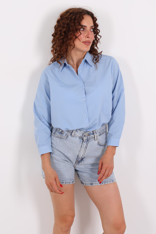 Eteği Oval Bebe Mavisi Kadın Oversize Gömlek - 6
