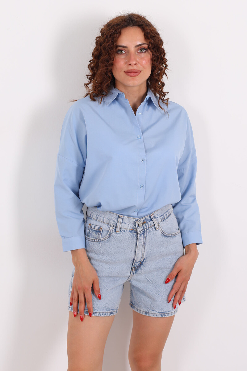 Eteği Oval Bebe Mavisi Kadın Oversize Gömlek - 3