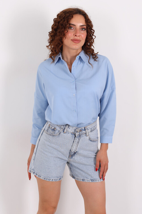 Eteği Oval Bebe Mavisi Kadın Oversize Gömlek - 4