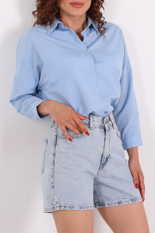 Eteği Oval Bebe Mavisi Kadın Oversize Gömlek - Berox (1)