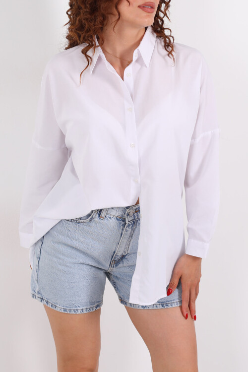 Eteği Oval Beyaz Kadın Oversize Gömlek - Berox (1)