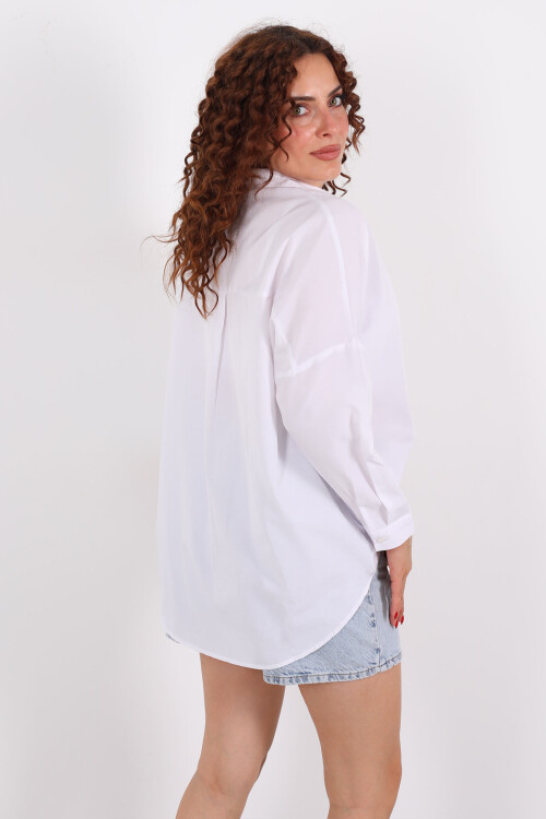 Eteği Oval Beyaz Kadın Oversize Gömlek - 5