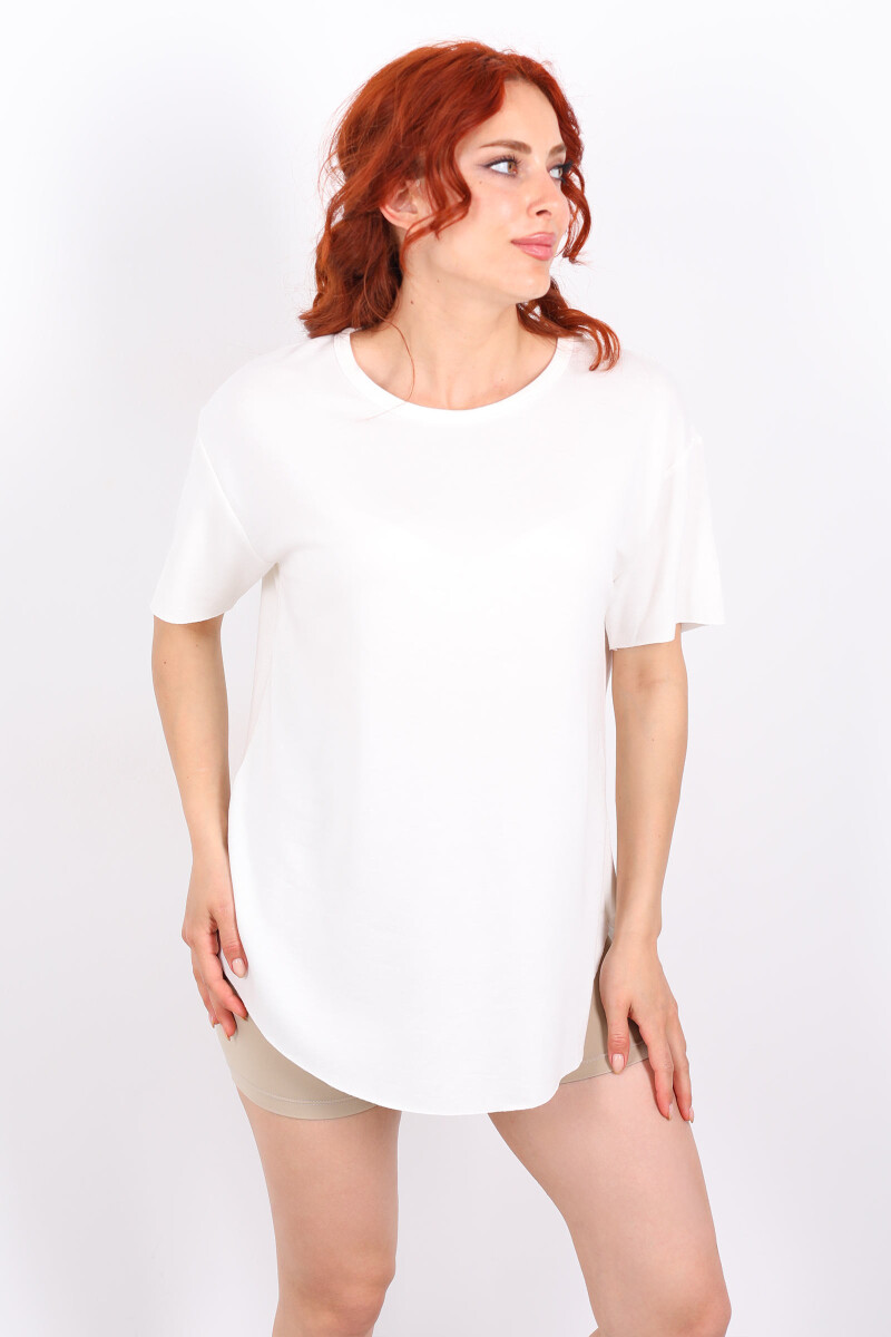Eteği Oval Bisiklet Yaka Beyaz Kadın T-Shirt - 1