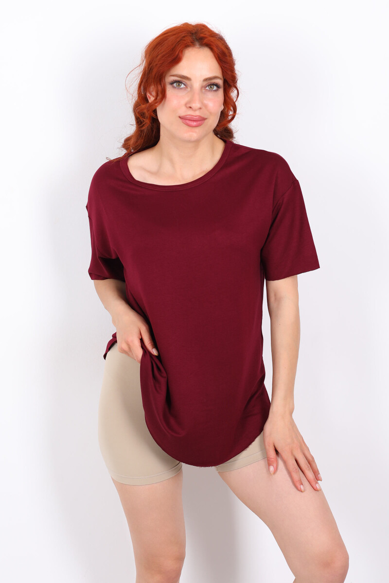 Eteği Oval Bisiklet Yaka Bordo Kadın T-Shirt - 3