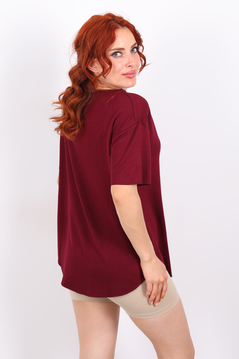 Eteği Oval Bisiklet Yaka Bordo Kadın T-Shirt - 2