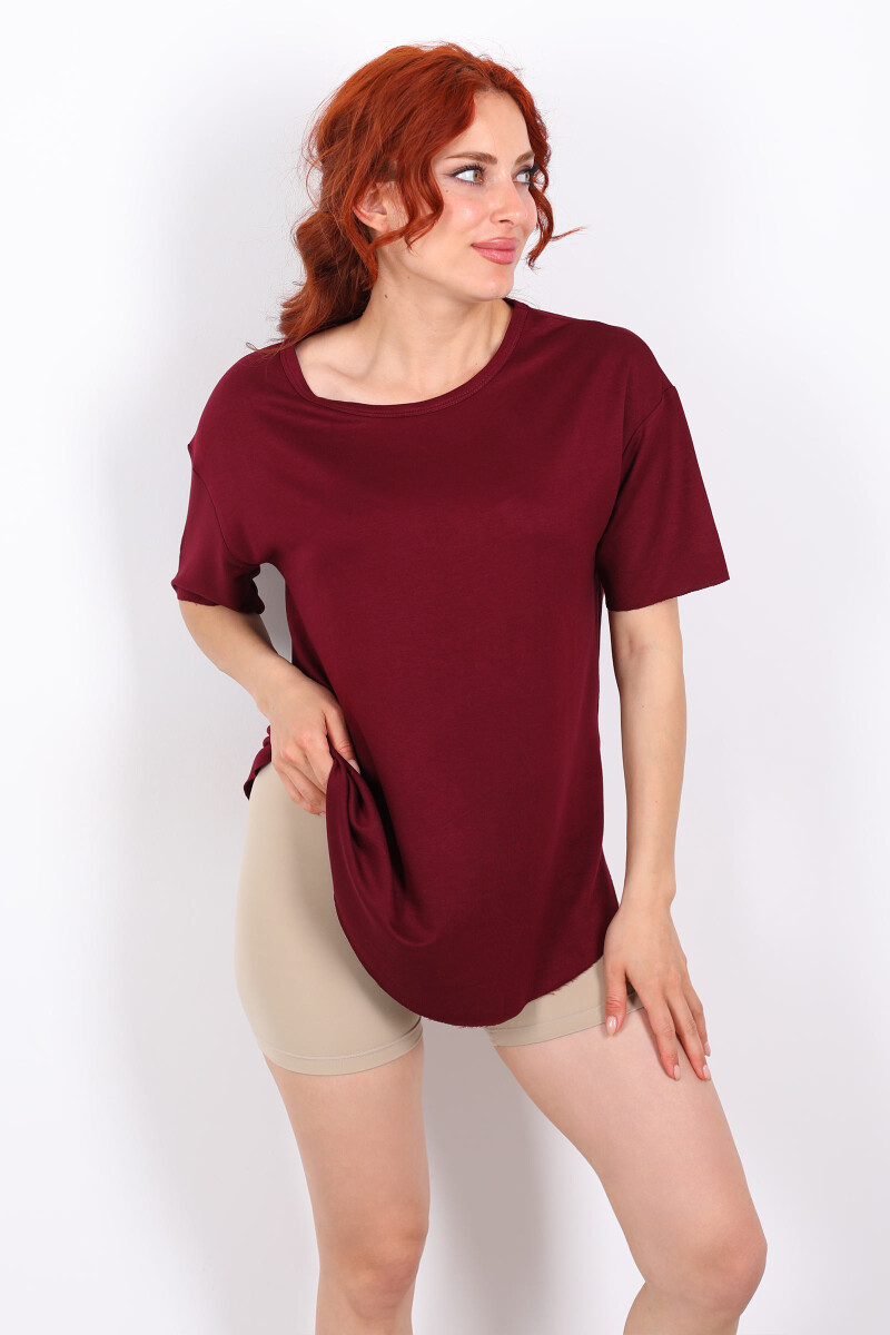 Eteği Oval Bisiklet Yaka Bordo Kadın T-Shirt - 4