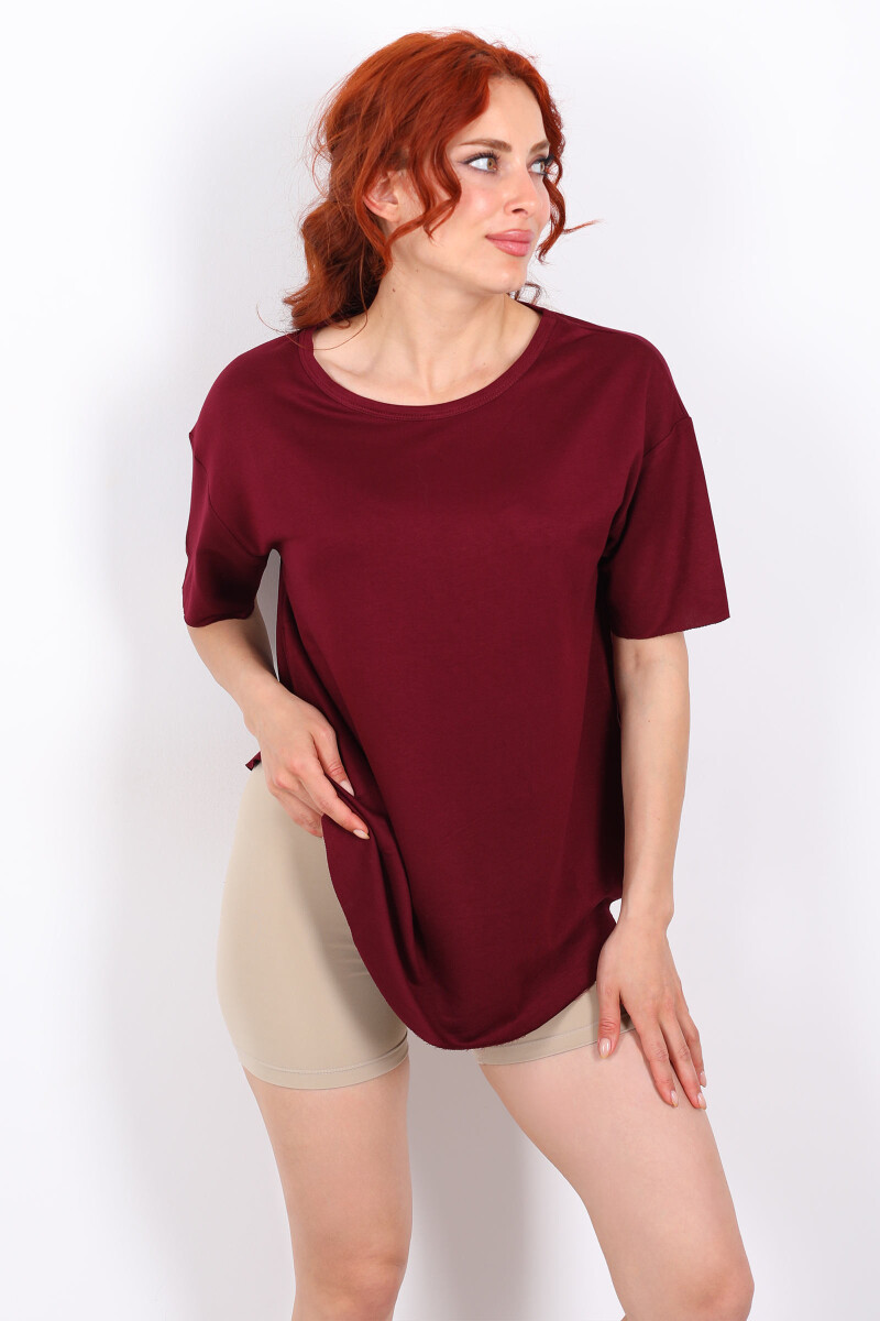 Eteği Oval Bisiklet Yaka Bordo Kadın T-Shirt - 1