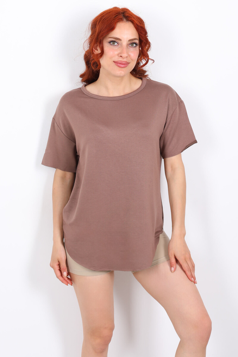 Eteği Oval Bisiklet Yaka Kahverengi Kadın T-Shirt - 1