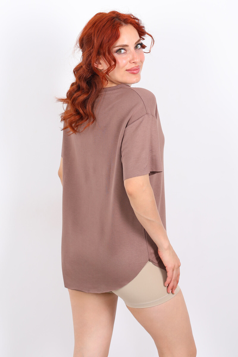 Eteği Oval Bisiklet Yaka Kahverengi Kadın T-Shirt - 2