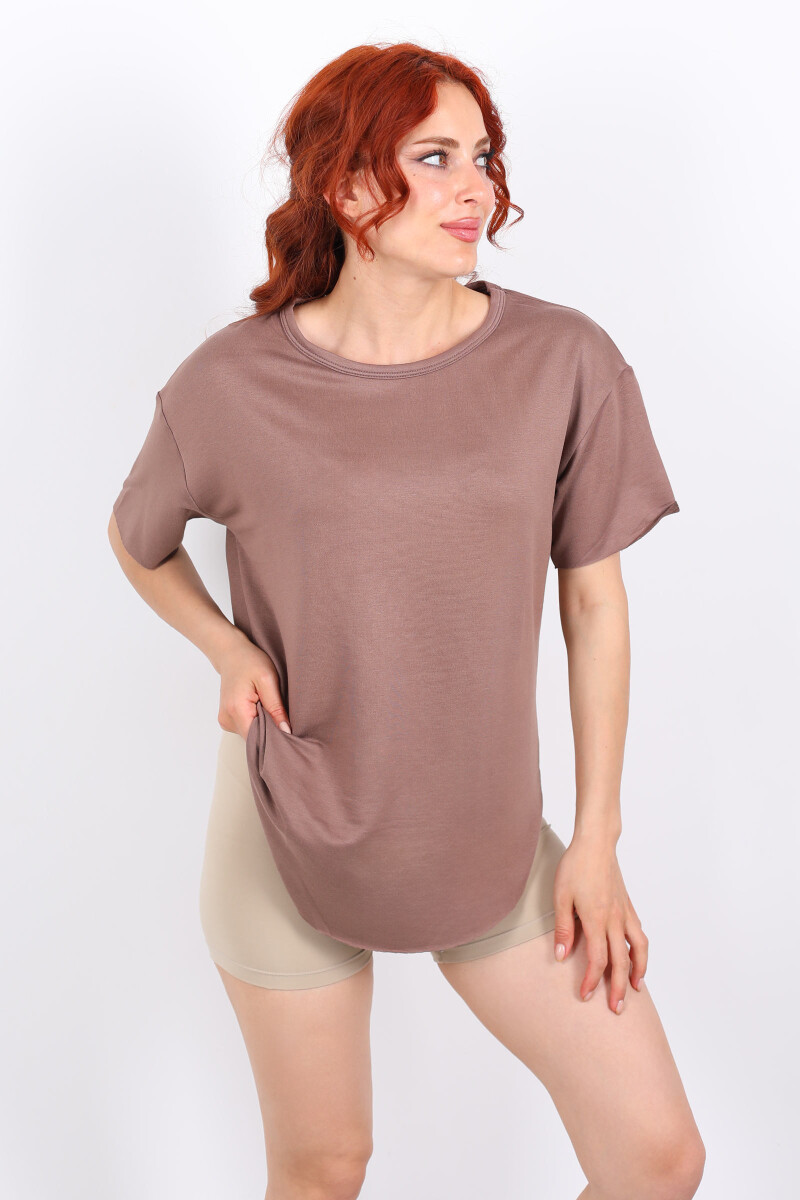 Eteği Oval Bisiklet Yaka Kahverengi Kadın T-Shirt - 4