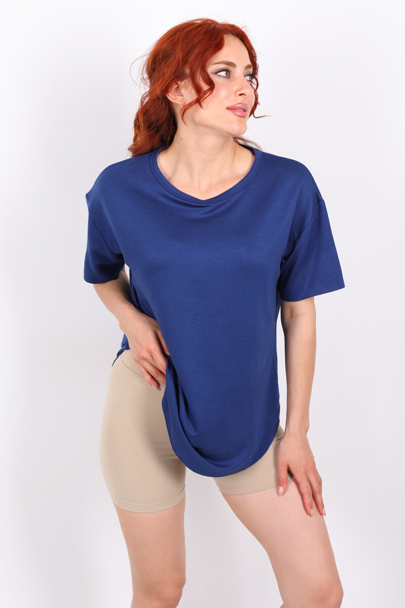 Eteği Oval Bisiklet Yaka Lacivert Kadın T-Shirt - 3