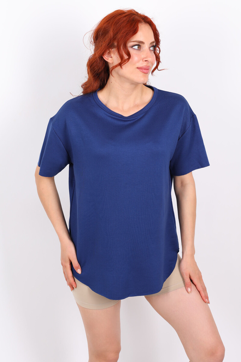Eteği Oval Bisiklet Yaka Lacivert Kadın T-Shirt - 1