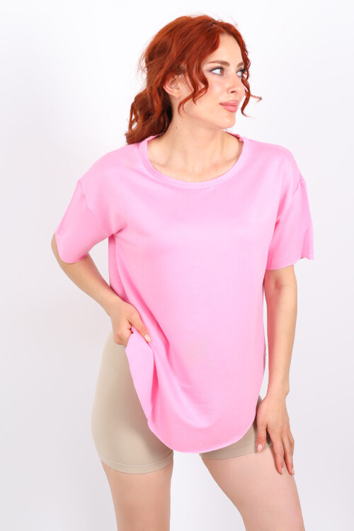 Eteği Oval Bisiklet Yaka Pembe Kadın T-Shirt - 4