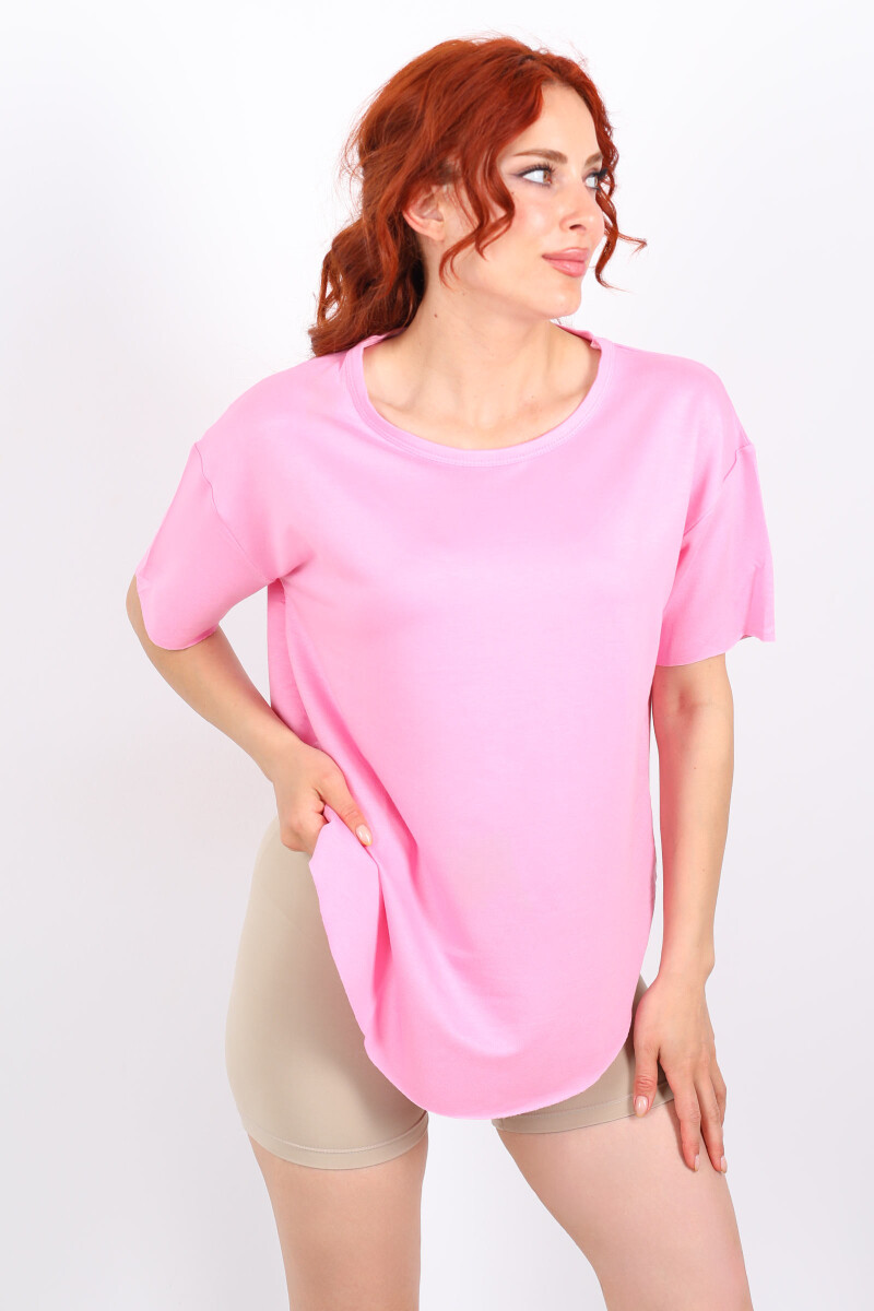 Eteği Oval Bisiklet Yaka Pembe Kadın T-Shirt - 4