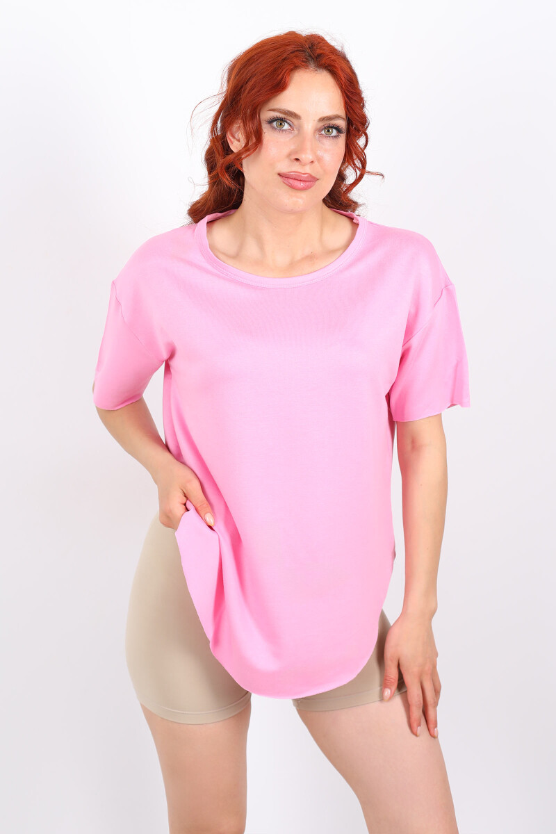 Eteği Oval Bisiklet Yaka Pembe Kadın T-Shirt - 1