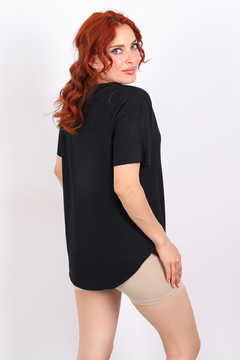 Eteği Oval Bisiklet Yaka Siyah Kadın T-Shirt - 2