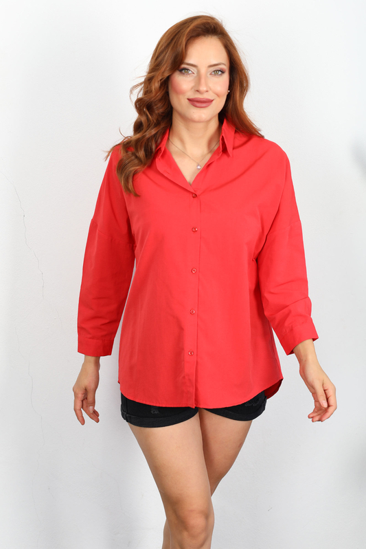 Eteği Oval Kırmızı Kadın Oversize Gömlek - 3