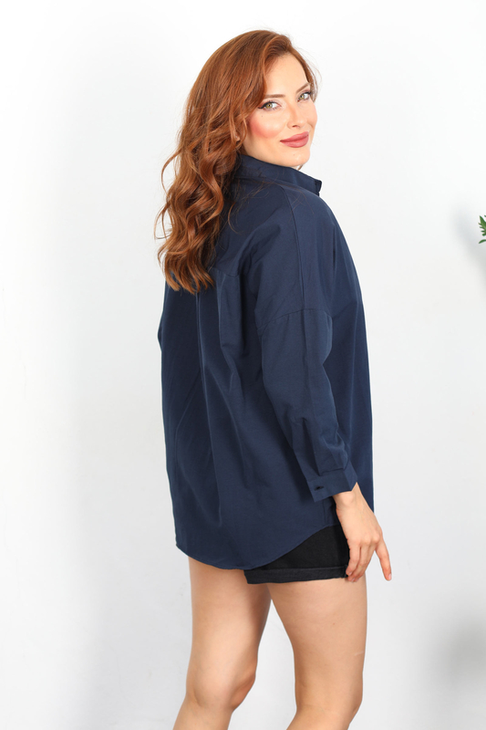 Eteği Oval Lacivert Kadın Oversize Gömlek - 5