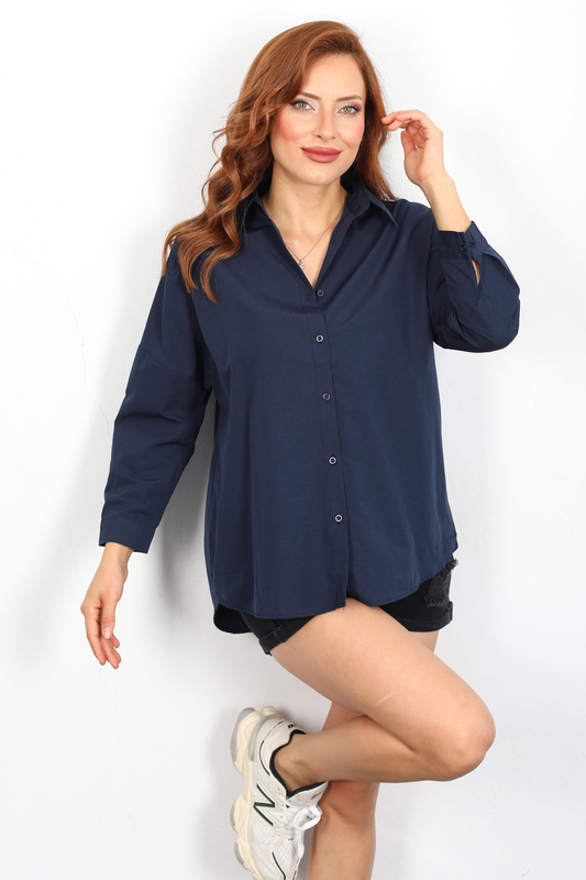 Eteği Oval Lacivert Kadın Oversize Gömlek - 3