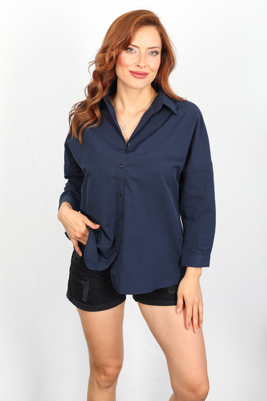 Eteği Oval Lacivert Kadın Oversize Gömlek - 1