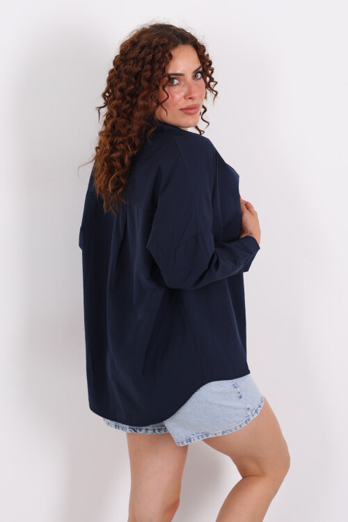 Eteği Oval Lacivert Kadın Oversize Gömlek - 5