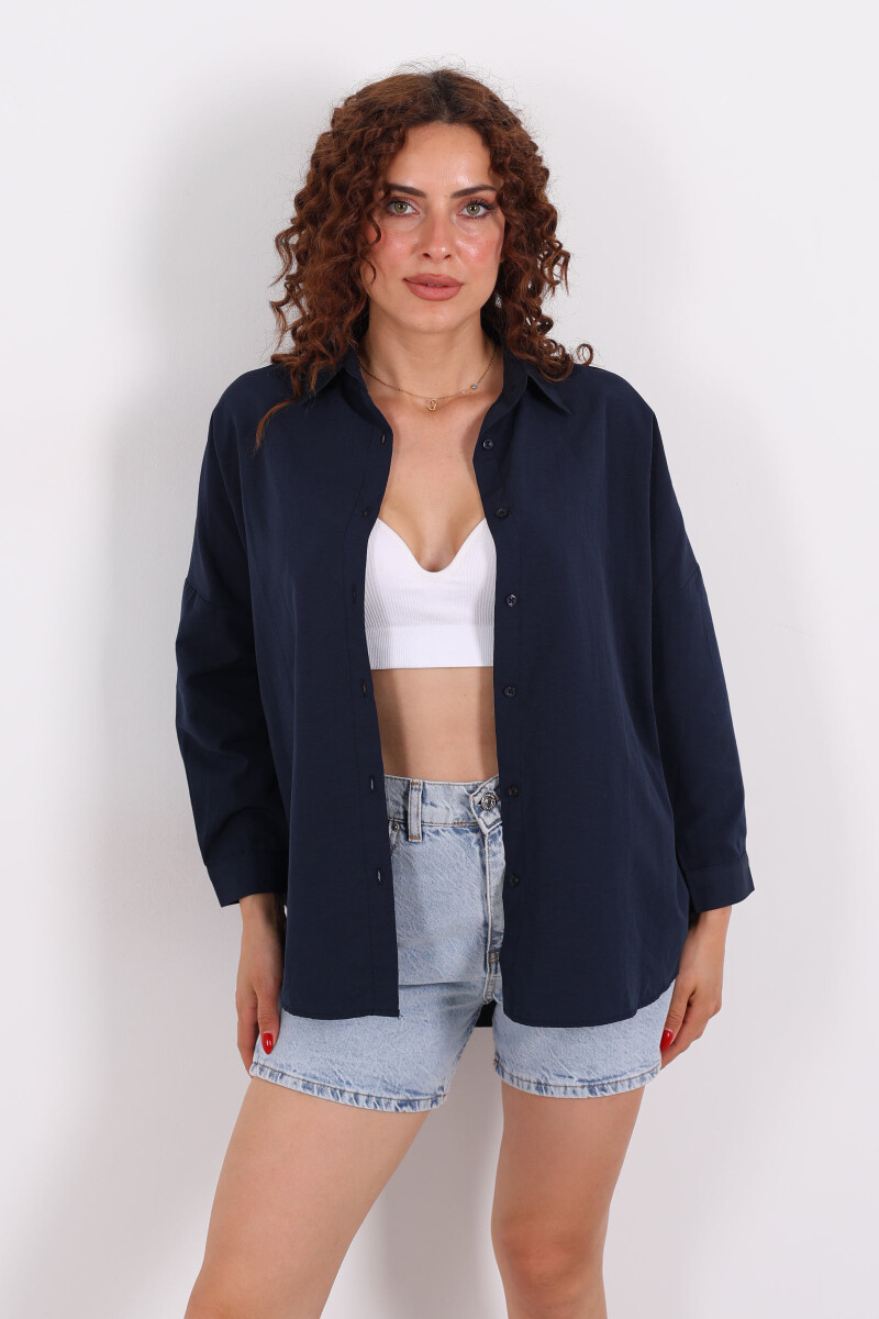Eteği Oval Lacivert Kadın Oversize Gömlek - 3