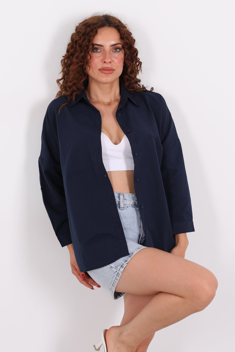 Eteği Oval Lacivert Kadın Oversize Gömlek - 4