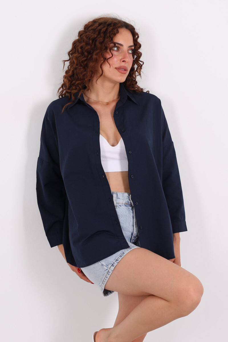 Eteği Oval Lacivert Kadın Oversize Gömlek - 1
