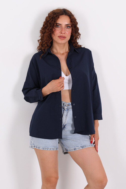 Eteği Oval Lacivert Kadın Oversize Gömlek - 6