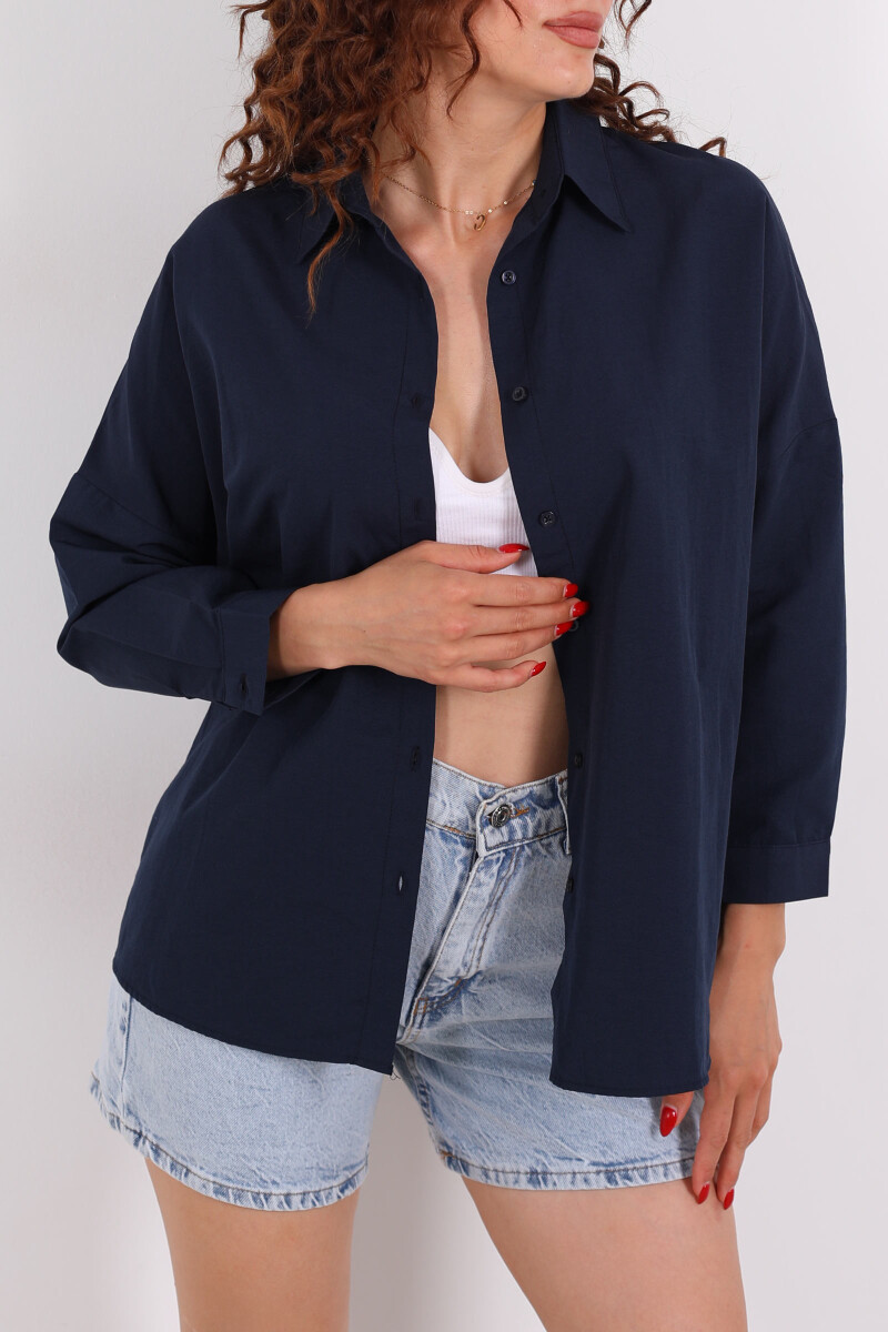 Eteği Oval Lacivert Kadın Oversize Gömlek - 2