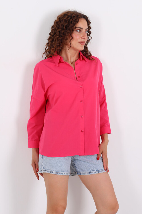 Eteği Oval Pembe Kadın Oversize Gömlek - 6