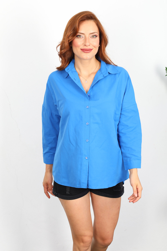 Eteği Oval Saks Mavisi Kadın Oversize Gömlek - 3
