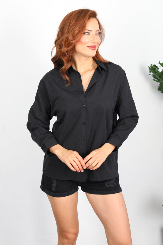 Eteği Oval Siyah Kadın Oversize Gömlek - 4