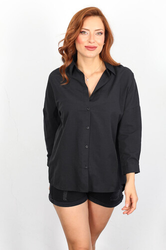 Eteği Oval Siyah Kadın Oversize Gömlek - 3