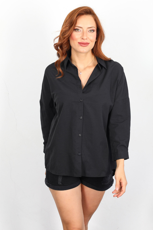 Eteği Oval Siyah Kadın Oversize Gömlek - 3